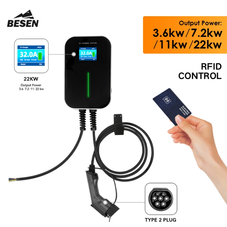 Borne de recharge Besen 3,7 – 22 kW – 32A phase 3 – câble de charge 6 M  type 2 – RFID - Q.Ev. Solutions and distributions